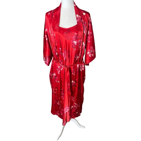 Vintage 90s California Dynasty Satin Maxi Slip & Robe Set – Red Floral – Size M - Picture 6 of 7